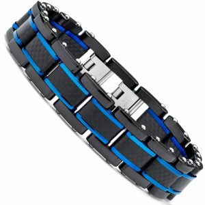 Bracelets | Mens Black Blue Stainless Steel Bracelet Pure Carbon Fiber Links 8.25" Resizable Bracelets Blue