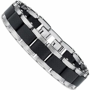 Bracelets | Men’s Two Tone Black Stainless Steel Bracelet with Pure Solid Carbon Fiber links 8.25" Can be sized down Bracelets Black