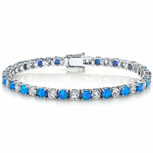 Bracelets | Sterling Silver Blue Opal Cubic Zirconia Eternity Bracelet 7.5TCW 4mm 7.25" Bracelets Blue