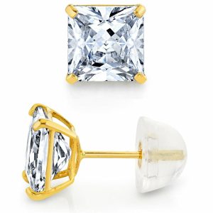 Earrings | 14K Gold Stud Earrings Princess Silicone Cubic Zirconia CZ Earrings Earrings