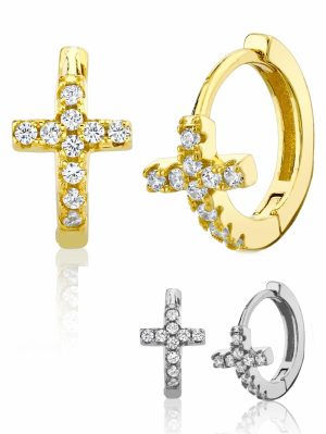 Earrings | 925 Sterling Silver Cross Goldtone Huggie Hoop Earrings Round CZ 6.5MM Earrings Earrings