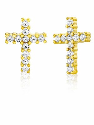 Earrings | 925 Sterling Silver Cross Stud Earrings Goldtone Round CZ Earrings Earrings