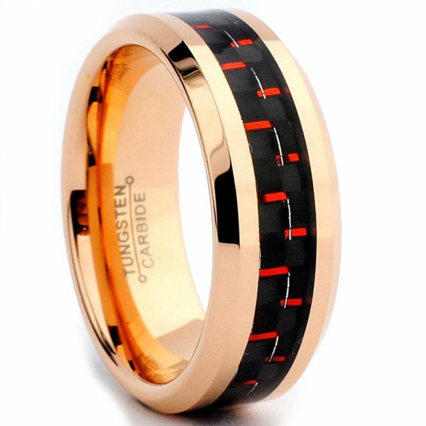 Mens Rings | 8MM Men’s Rose Plated Tungsten Carbide Ring Wedding Band W/ Black & Red Carbon Fiber Inaly Sizes 7 to 15 Jewelry Black