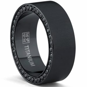 Mens Rings | Black Titanium Men’s Brushed Wedding Band Ring with Black Cubic Zirconia,Pave Set Eternity Ring Cubic Zirconia Rings Black