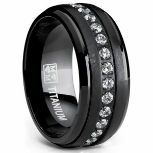 Mens Rings | Black Titanium Men’s Eternity Wedding Band Ring with Clear Round Cubic Zirconia 9mm Cubic Zirconia Rings Black