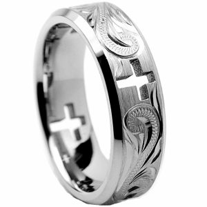 Mens Rings | Men’s 7MM Titanium Ring Wedding Band With Cross Cut Out and Engraved Floral Design Sizes 6 to 13 Jewelry Mens Rings