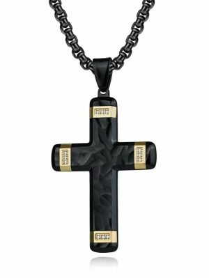 Mens Rings | Men’s Black Goldtone Stainless Steel Cross Pendant Hammered Fish Round Cubic-Zirconia 24" Chain Necklace Jewelry Goldtone