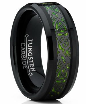 Mens Rings | Men’s Black Tungsten Carbide Dragon Ring Wedding Band Green Carbon Fiber Comfort Fit 8mm Jewelry Black