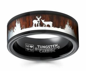 Mens Rings | Men’s Black Tungsten Hunting Ring Wedding Band Wood Deer Nature 8MM Deer Rings Brown