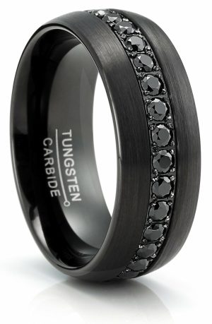 Mens Rings | Men’s Black Tungsten Ring Wedding Band Black Round 1.7Ct SImulated DIamond CZ Cubic Zirconia 8MM Comfort-Fit Cubic Zirconia Rings Black