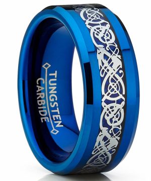 Mens Rings | Men’s Blue Tungsten Carbide Dragon Ring Wedding Band Blue Carbon Fiber Comfort Fit Jewelry Blue Silver