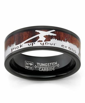 Mens Rings | Men’s Christian Tungsten Ring Jesus Carrying Cross Bible Verse Wood Inlay 8MM Jewelry Goldtone