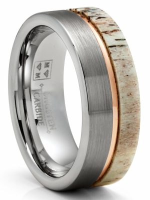 Mens Rings | Mens Deer Antler Tungsten Carbide Ring Rose Goldtone Groove Wedding Band 8MM Deer Rings Mens Rings