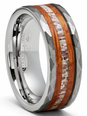 Mens Rings | Mens Deer Antler Whiskey Barrel Tungsten Carbide Ring Hammered Wedding Band 8MM Deer Rings Mens Rings