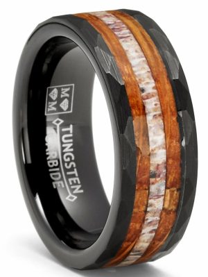 Mens Rings | Mens Deer Antler Whiskey Barrel Tungsten Carbide Ring Hammered Wedding Band 8MM Deer Rings Black