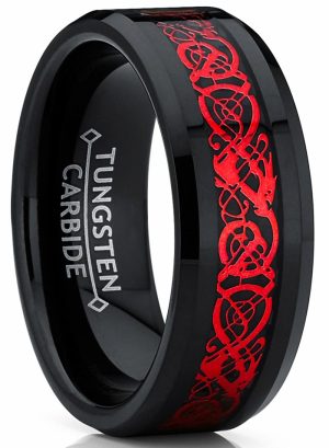 Mens Rings | Men’s Dragon Tungsten Ring Wedding Band Black Red Carbon Fiber Comfort-Fit 8MM Jewelry Black