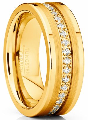 Mens Rings | Men’s Goldtone Tungsten Ring Wedding Band Cubic Zirconia Comfort-Fit 8MM Cubic Zirconia Rings Goldtone