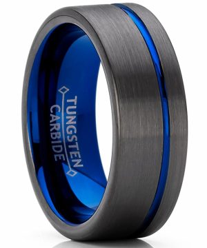 Mens Rings | Men’s Grooved Tungsten Carbide Wedding Band Engagement Ring Gun Metal and Blue Color, Comfort Fit 8mm Grooved Bands Blue Silver