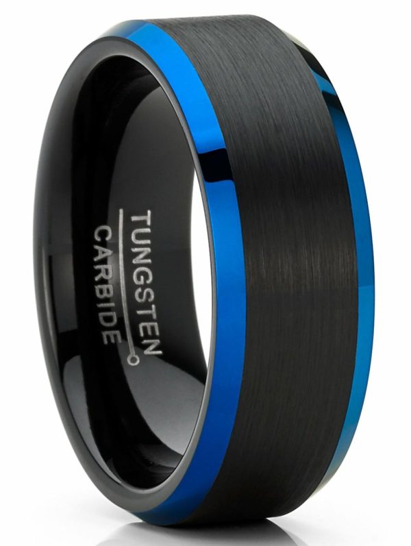 Mens Rings | Men’s High-Polish Black Blue Tungsten Ring Wedding Band 8MM Comfort-Fit Jewelry Black