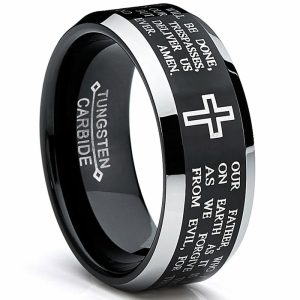 Mens Rings | Men’s Lords Prayer Tungsten Ring Christian Cross Wedding Band Black 8MM Jewelry Black