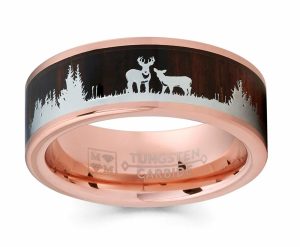 Mens Rings | Men’s Rose Goldtone Tungsten Hunting Ring Wedding Band Wood Inlay Deer Stag Silhouette Deer Rings Mens Rings