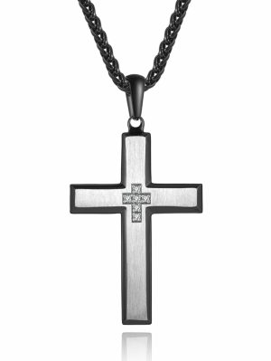 Mens Rings | Men’s Stainless Steel Cross Pendant Necklace Two-Tone Black Round Cubic Zirconia 24" Weat Chain Cubic Zirconia Rings Black Silver