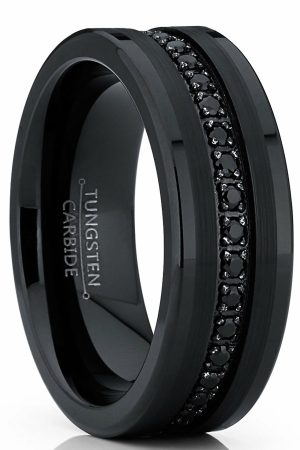 Mens Rings | Men’s Tungsten Black Wedding Band Eternity Ring Cubic Zirconia Comfort-Fit CZ Cubic Zirconia Rings Black