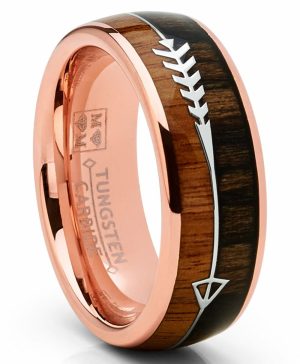 Mens Rings | Men’s Tungsten Carbide Rose Goldtone Arrow Wedding Band Hunting Ring Koa Wood Inlay Hunting & Outdoor Mens Rings