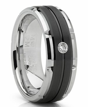 Mens Rings | Men’s Tungsten Carbide Wedding Band Real Diamond .05 Two Tone Black Ring 8mm Diamond Rings Black