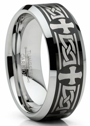 Mens Rings | Men’s Tungsten Ring Christian Cross Celtic Wedding Band Laser Etched Black 8MM 7-15 Jewelry Black