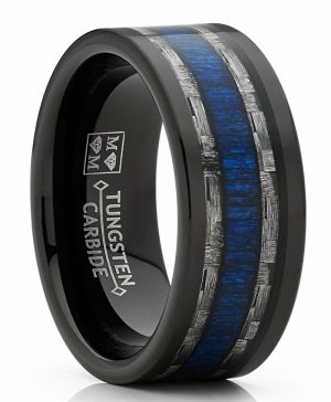 Mens Rings | Mens Tungsten Wedding Band Ring Carbon Fiber Blue Wood Inlay 9MM Comfort-Fit Jewelry Black