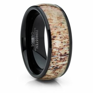 Mens Rings | Unisex Men’s Black Dome Tungsten Wedding Band Engagement Ring Deer Antler Inlay 8mm Deer Rings Black