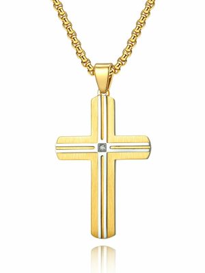 Pendants | Men’s Goldtone Stainless Steel Cross Pendant Cubic-Zirconia 24" Round Box Chain Cubic Zirconia Rings Goldtone