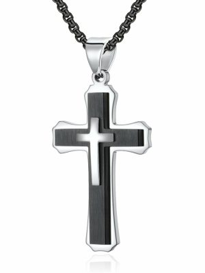 Pendants | Men’s Stainless Steel Cross Pendant Black & Silvertone 24" Round Box Chain Necklace Jewelry Black Silver