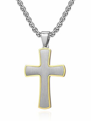 Pendants | Men’s Stainless Steel Cross Pendant Gold & Silvertone 24" Round Box Chain Necklace Jewelry Goldtone