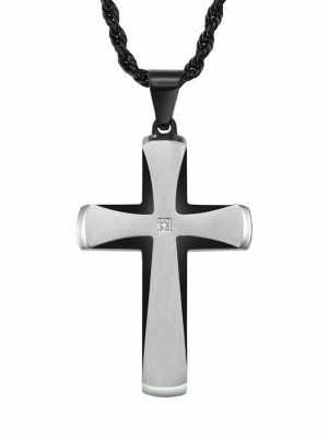 Pendants | Men’s Stainless Steel Cross Pendant Necklace Two-Tone Black Round Cubic Zirconia 24" Rope Chain Cubic Zirconia Rings Black Silver