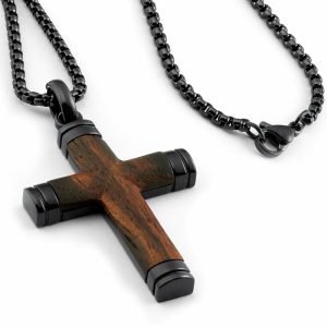 Pendants | Real Santos Wood Cross Necklace Pendant Black 24" Stainless Steel Chain Jewelry Brown