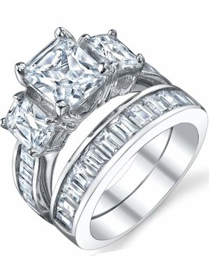 Womens Rings | 2 Carat Radiant Cut Cubic Zirconia CZ Sterling Silver Women’s Engagement Ring Set Sizes 4 to 11 Bridal Sets Silver