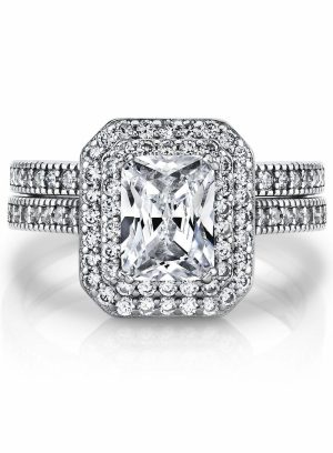 Womens Rings | Women’s 2 Carat Emerald Cut Sterling Silver Cubic Zirconia Wedding Ring Engagement Band Bridal Set Bridal Sets Silver