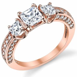 Womens Rings | Women’s Rose Plated Princess Cut CZ "Past Present Future Sterling Silver Wedding Engagement Ring Engagement Rings Rose Gold