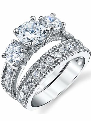 Womens Rings | Women’s Sterling Silver Past Present Future 2-Pc Bridal Set Engagement Wedding Ring Cubic Zirconia Bridal Sets Silver