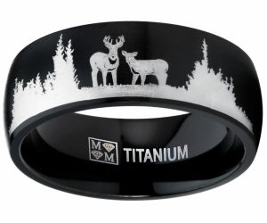 Mens Rings | Men’s Black Outdoor Hunting Titanium Ring Wedding Band with Laser Etched Deer Stag Scene 8mm Hunting & Outdoor Black