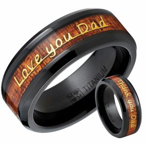 Mens Rings | Men’s Black Titanium Love you Thank you Dad Father’s Day Ring Band Wood Inlay Jewelry Brown