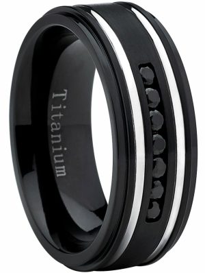 Mens Rings | Men’s Black Titanium Ring Wedding Band With Two Grooves and 7 Black Round Cut Cubic Zirconia CZ Grooved Bands Black