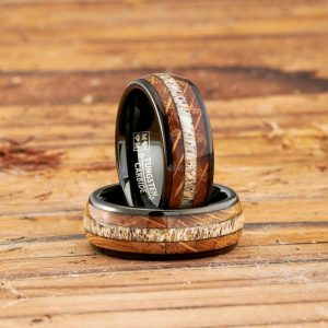 Mens Rings | Mens Gunmetal Black Tungsten Engagement Ring Whiskey Barrel Wood Elk Antler Inlay Wedding Band 8MM Jewelry Black