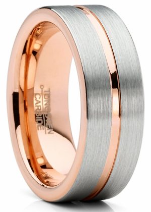 Mens Rings | Mens Tungsten Ring Rose Goldtone Wedding Band Grooved Comfort-fit 8MM Grooved Bands Mens Rings