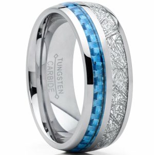 Mens Rings | 8mm Men’s Tungsten Carbide Wedding Band Engagement Ring with Baby Blue Carbon Fiber and Imitated Meteorite, Comfort Fit Jewelry Blue Silver