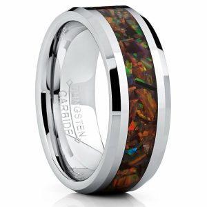 Mens Rings | Men’s 8MM Tungsten Carbide Wedding Band Ring With Fire Red Simulated Opal Inlay 8MM Jewelry Mens Rings