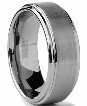 Mens Rings | Tungsten Men’s Wedding Band 8MM Brushed Finish High-Polish Silvertone Comfort-Fit Beveled Edges Jewelry Mens Rings