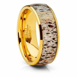 Mens Rings | Unisex Men’s Gold Tone Tungsten Wedding Band Engagement Ring Deer Antler Inlay 8mm Deer Rings Gold